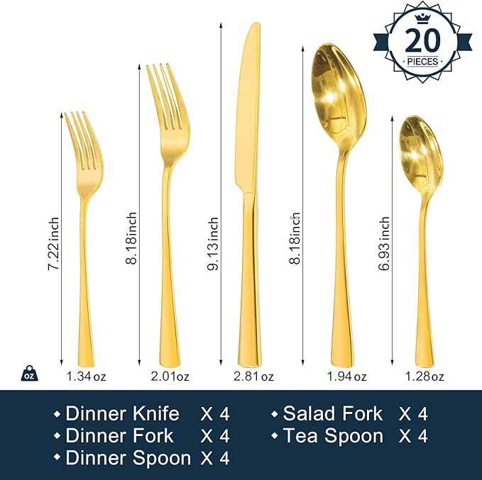 KINGSTONE 18/10 Stainless Steel Flatware, 20-Piece Forged Silverware Set - Image 2