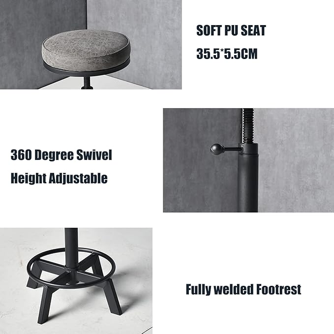Vintage Bar Stools Set of 2 Industrial Bar Stool Swivel PU Seat Counter Height - Image 5