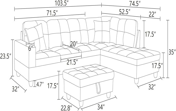 Sectional Couch with Ottoman Storage, L Shaped Sofa Furniture Sets, Modern - Image 2