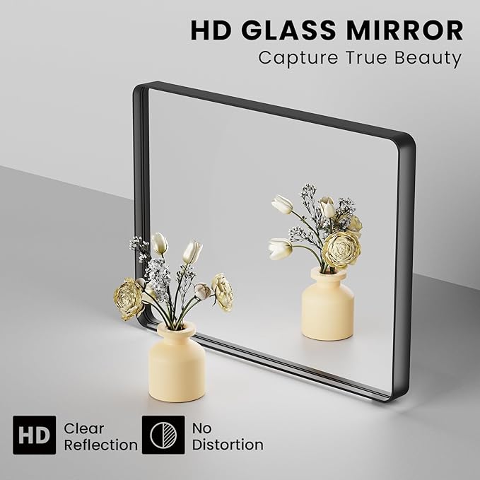Black Bathroom Mirror 38X38 Inch, Rounded Rectangle Matte Bathroom Vanity Mirror - Image 3