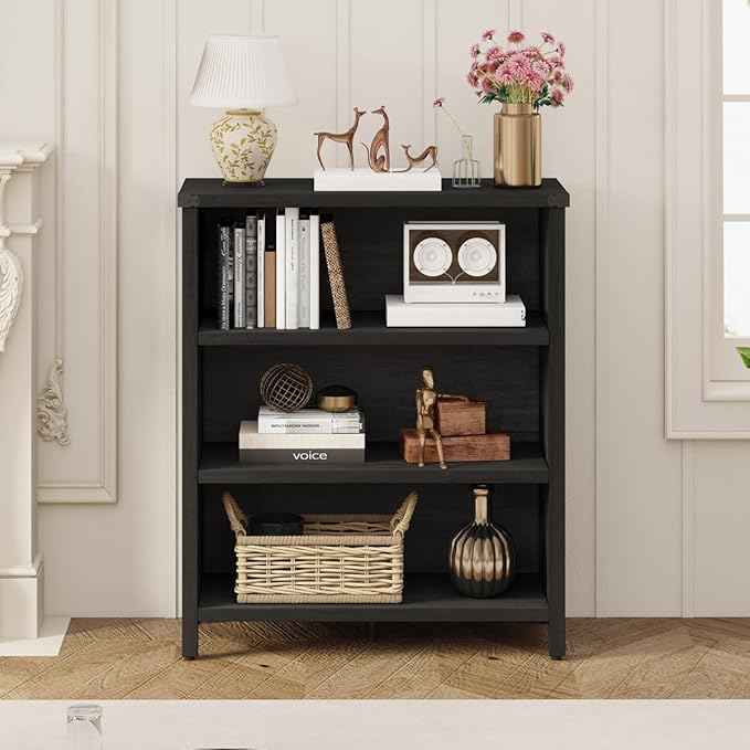BON AUGURE Small Bookshelf, 3 Tier Black Book Shelf, Farmhouse Storage Bookcase - Image 5