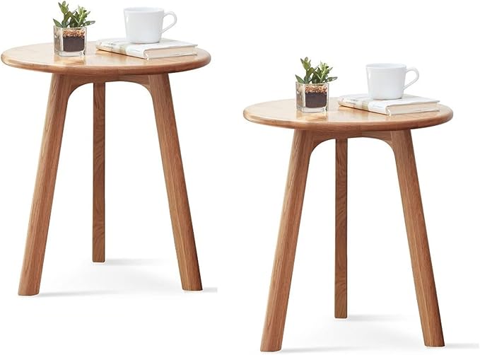 100% Solid Oak Round Side Table Set of 2, Small Bedside Table by Vadisun
