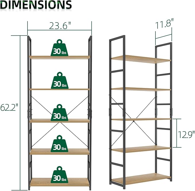 OTK 5 Tier Bookshelf, Tall Bookcase, Office Shelf Storage Organizer, Modern - Image 3