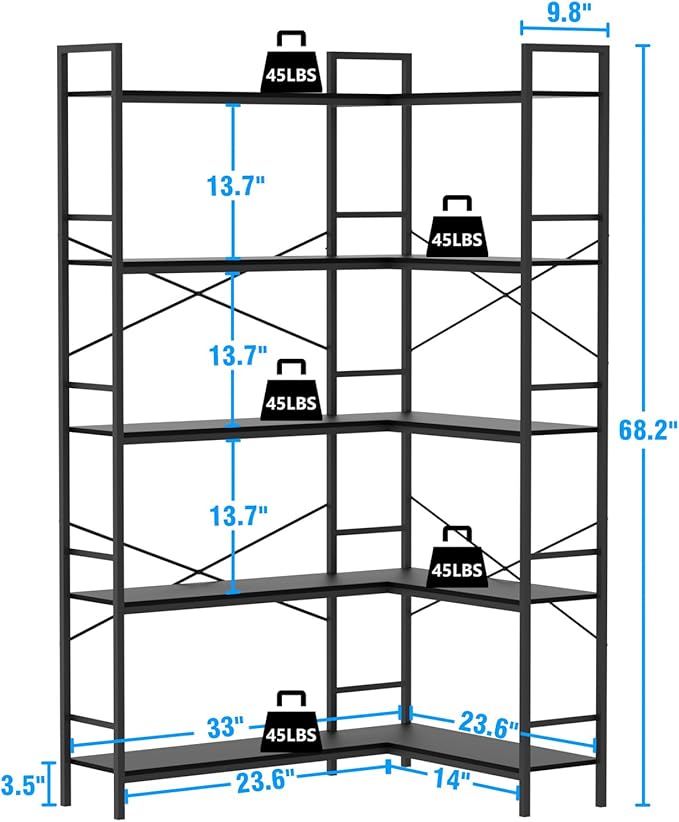 Black Corner Bookshelf, 5 Tiers Corner Bookcase - Image 3