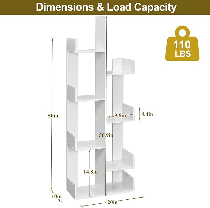 VECELO 8-Tier Tall Cactus-Shaped Tree Bookshelf, Vertical Bookcase - Image 2