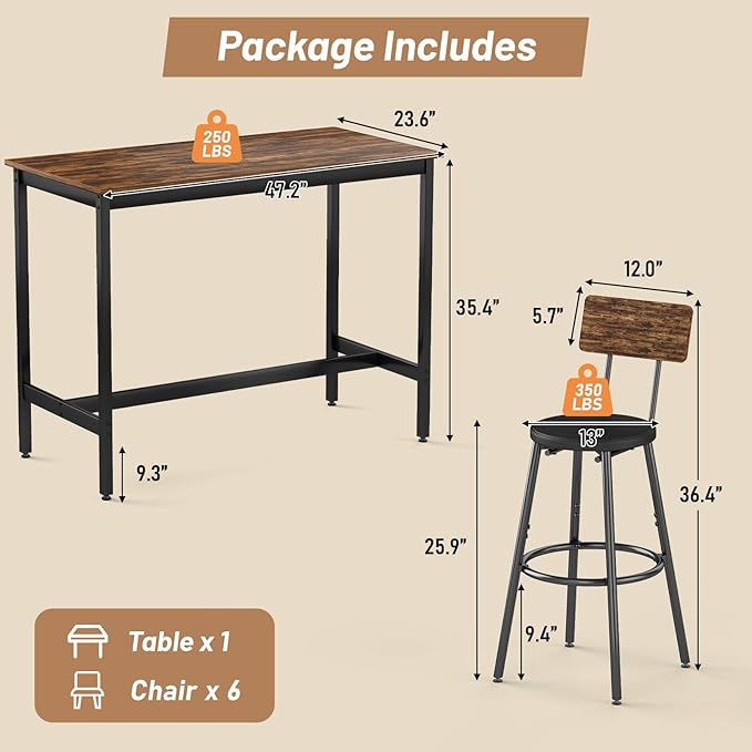 Dining Table Set for 6, 7-Piece Bar Table Set, Kitchen Table and Chairs - Image 2