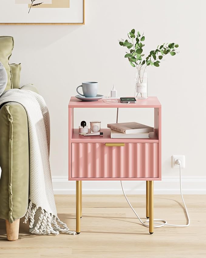 Masupu Nightstand with Charging Station, Mid-Century Modern Bedside Table with - Image 8