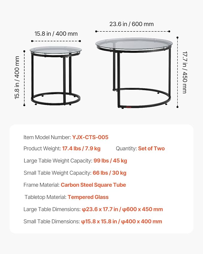 VEVOR Nesting Tables, Glass Coffee Table Set of 2, 23.6 inch Round Coffee Table - Image 3