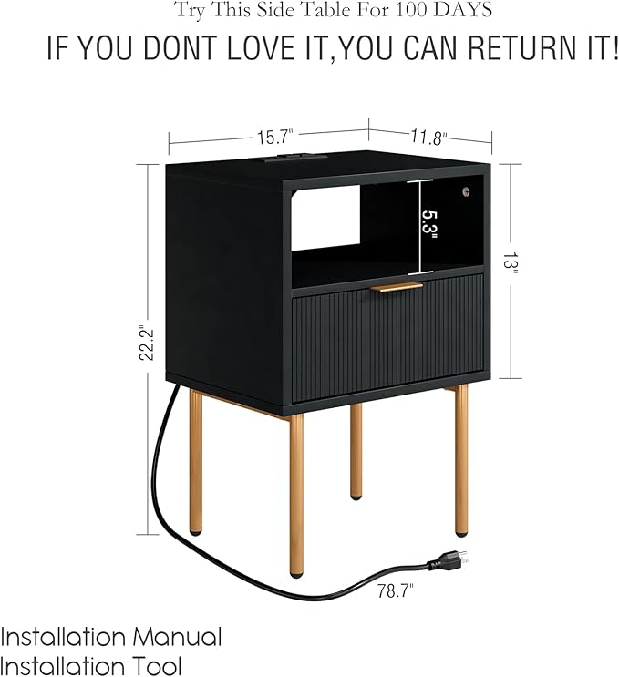 Masupu Nightstand with Charging Station, Mid-Century Modern Bedside Table with - Image 2