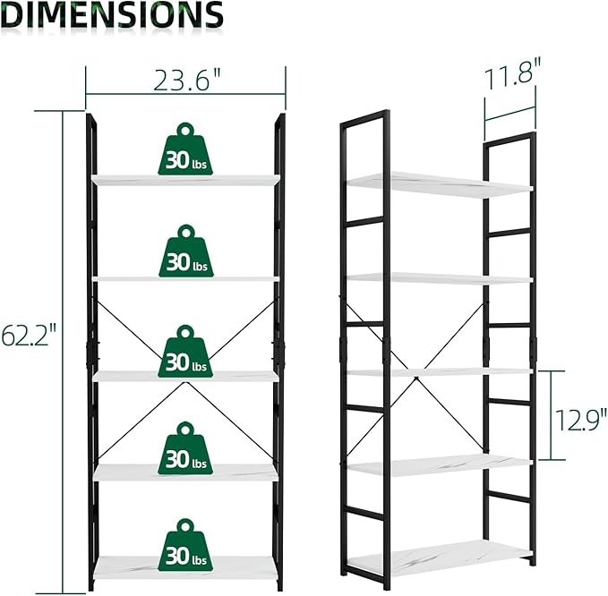 OTK 5 Tier Bookshelf, Tall Bookcase, Office Shelf Storage Organizer, Modern - Image 3