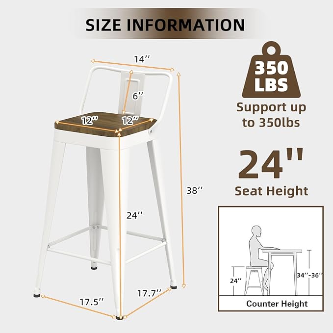 White Bar Stools Set of 4, Metal Bar Stools - Image 3