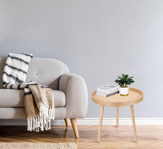 Round Coffee Table Set of 2, Natural Boho Side Table, Small Mid Century Modern - Image 8