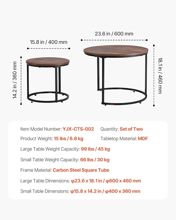 VEVOR Nesting Tables, Coffee Table Set of 2, 23.6 inch Round Coffee Table - Image 3