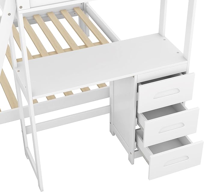 Twin Over Full Bunk Bed with Built-in Desk and Three Drawers, Pine Wood - Image 6