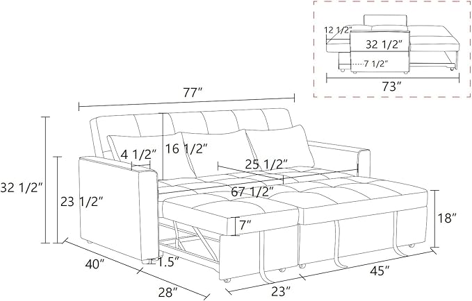 77 Inch Convertible Pull Out Sofa Bed, Sleeper Couch - Image 2