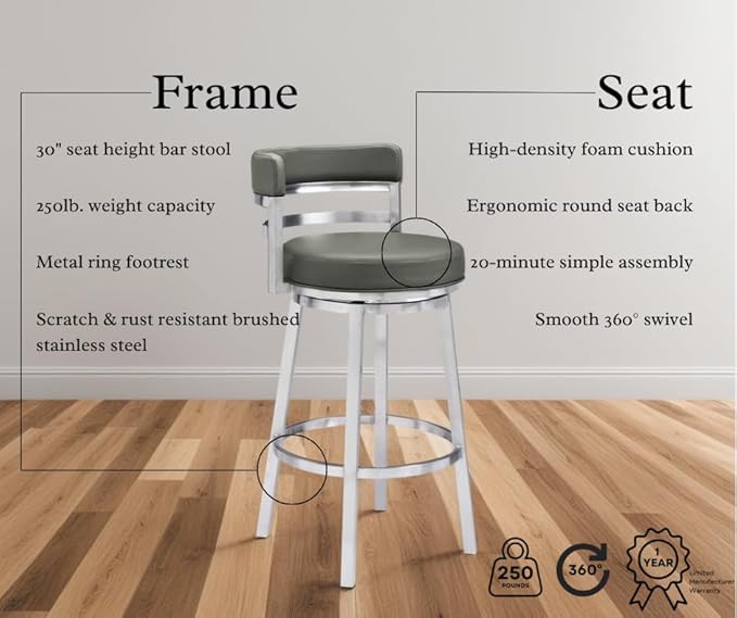 Armen Living Madrid 30" Bar Height Swivel Modern Grey Faux Leather and Brushed - Image 4
