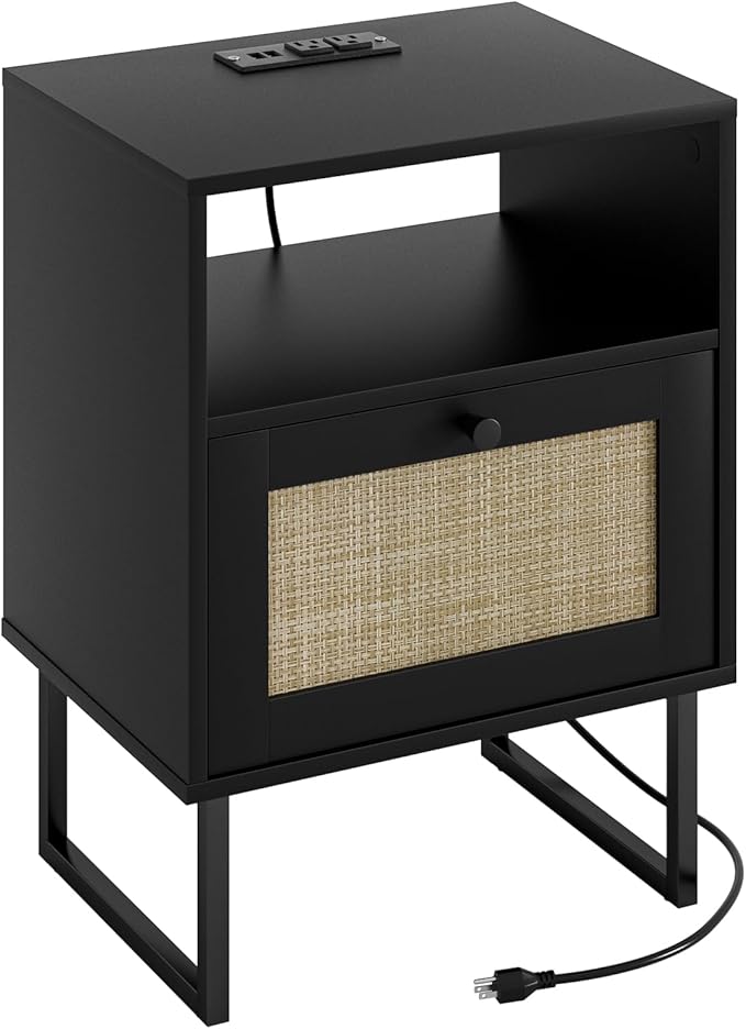 Rattan Nightstand with Charging Station, Boho Night Stand Farmhouse Wood - Image 9