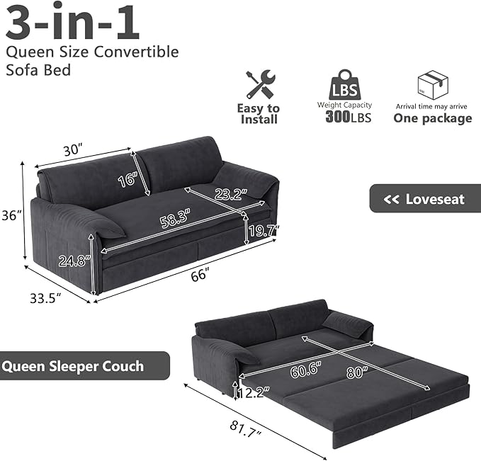 66" Queen Size Pull Out Couch Bed Convertible Sleeper Loveseat Sofa Velvet - Image 3
