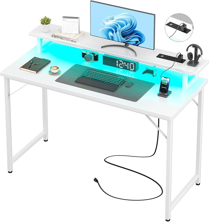 Computer Desk with USB Power Outlets and LED Lights, 47 inch Gaming Desk with by Hyomdeck