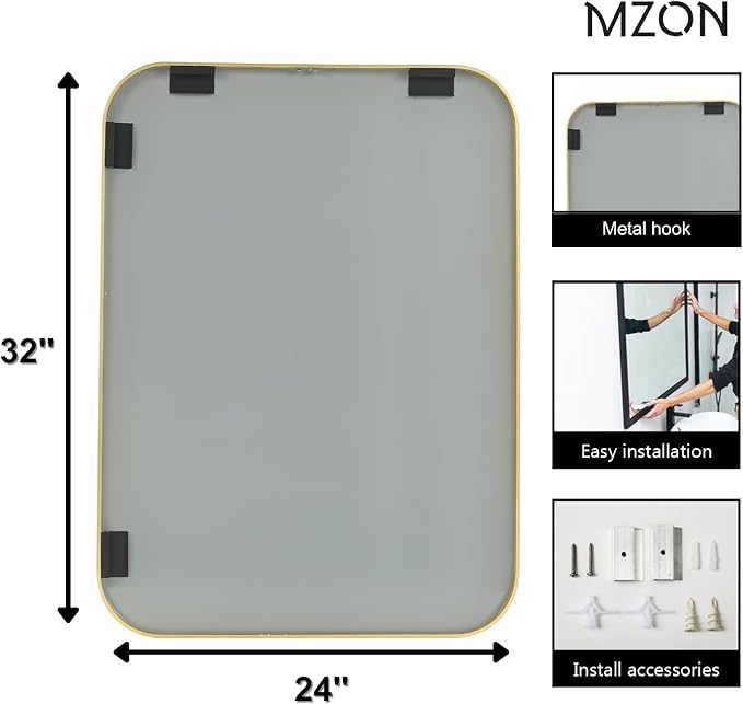 MZON 24x32 Inch Gold Bathroom Mirror – Brushed Gold Rectangular Vanity Mirror - Image 4