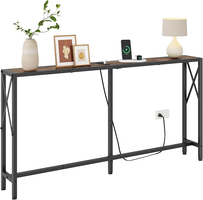 Console Table with Oulets and USB Ports, 55.1" Sofa Table Behind Couch by Gewudraw