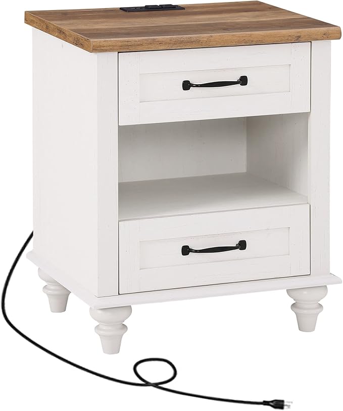WAMPAT White Side Table with 2 Drawers & Charging Station, Mid Century - Image 9