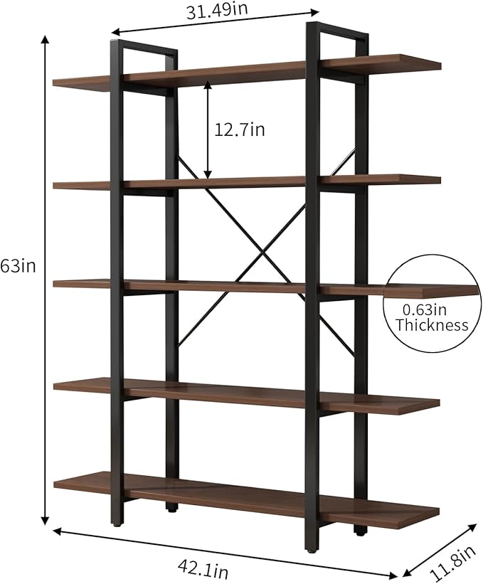 Industrial Bookshelf with 5 Shelves, Solid Wood core Bookcase, Walnut Wood and - Image 2