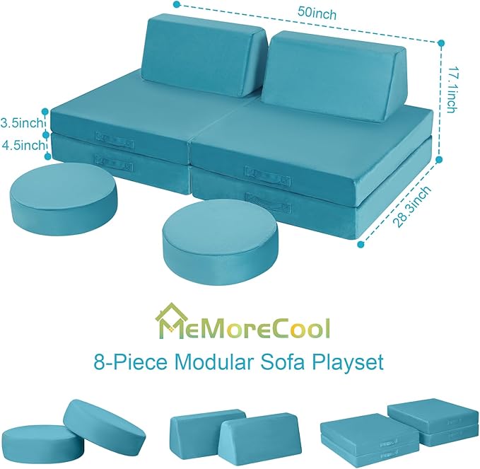 MeMoreCool Modular Kids Play Couch Sofa, 8-Piece Convertible Turquoise Toddler - Image 7
