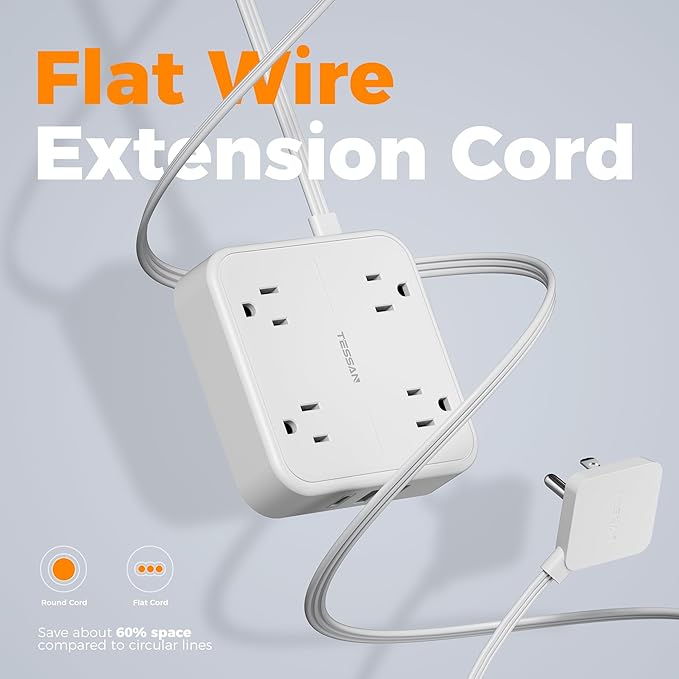 Surge Protector Flat Extension Cord 15Ft, TESSAN Flat Plug Power Strip - Image 7