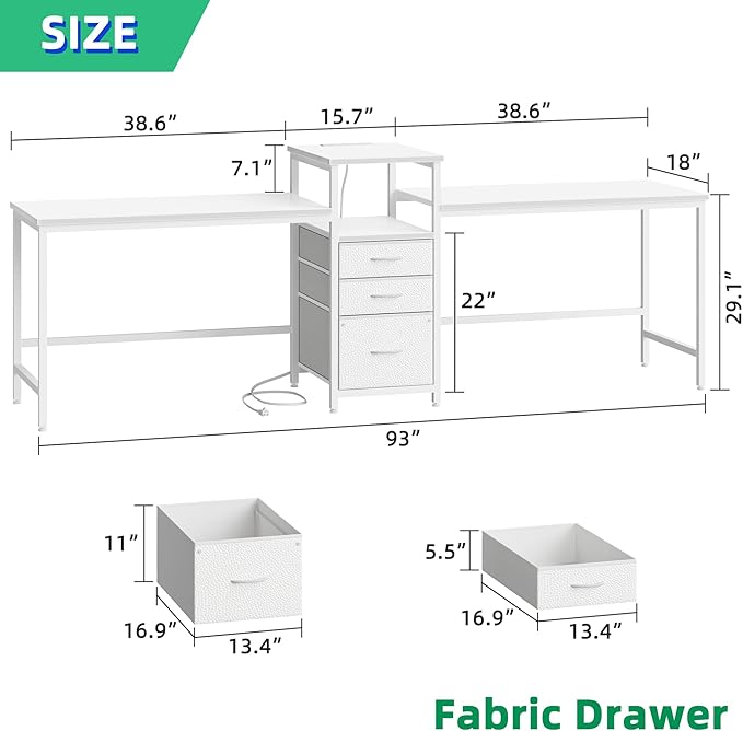 93'' Two Person Desk with Charging Station, Long Desk with 3 Drawers and - Image 2