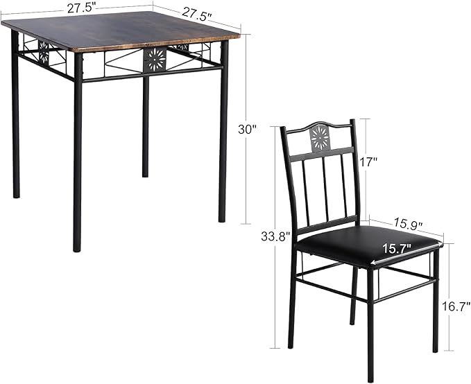 VECELO 3-Piece Dining Room Wooden Kitchen Table and Pu Cushion Chair Sets - Image 6