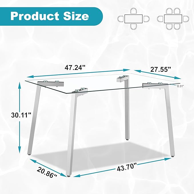 Dining Table for 6 Kitchen Table 51" Rectangular Modern Glass Dining Table - Image 2
