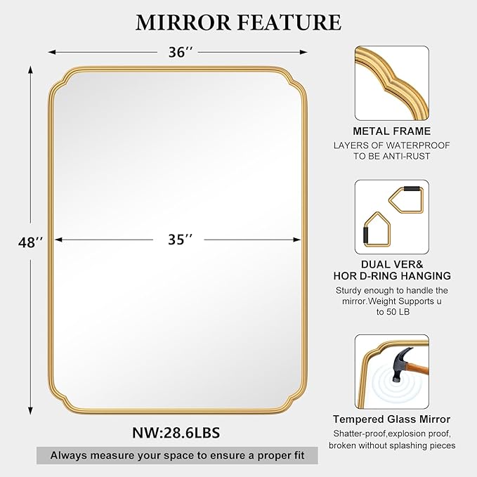 36 x 48 Inch Gold Bathroom Vanity Mirror - Image 6