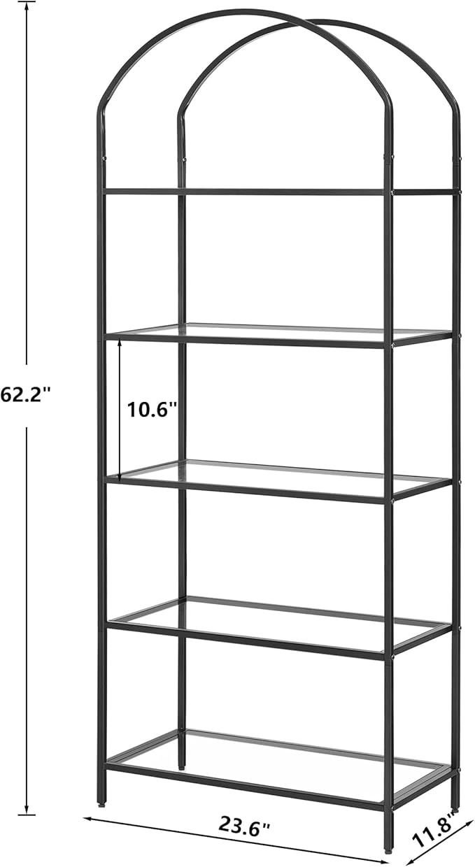 Homhedy Bookshelf Arched Display Racks, Metal Bookcase, Tempered Glass Shelves - Image 2
