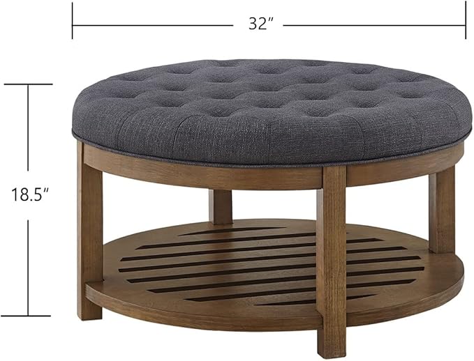 24KF Large Round Upholstered Tufted Linen Ottoman Coffee Table, Large Footrest - Image 2