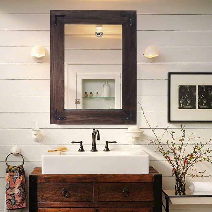 YOSHOOT Rustic Wooden Framed Wall Mirror, Natural Wood Bathroom Vanity Mirror by YOSHOOT