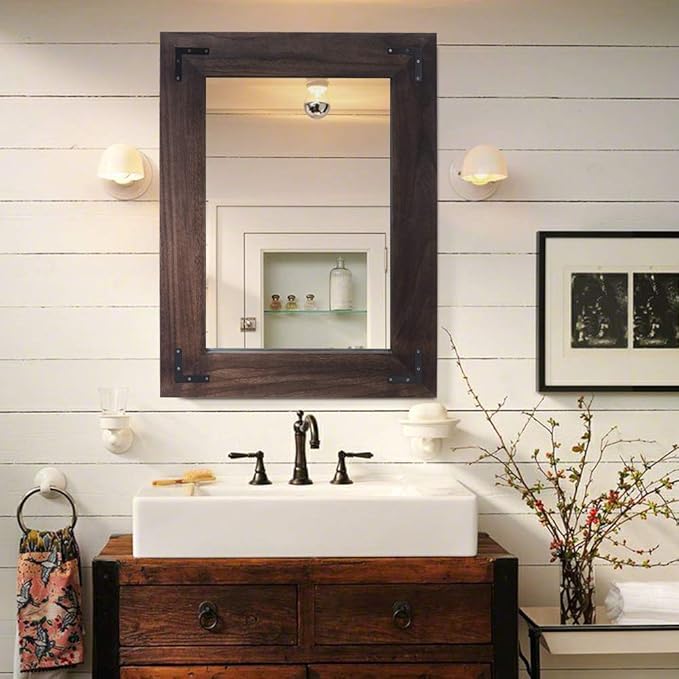YOSHOOT Rustic Wooden Framed Wall Mirror, Natural Wood Bathroom Vanity Mirror by YOSHOOT