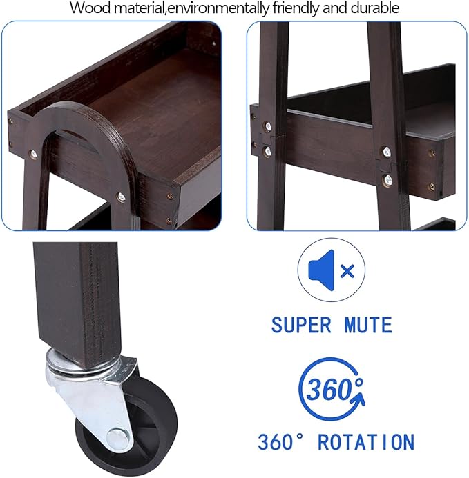3 Tier Rolling Craft Cart Slim Rolling Storage Cart Wooden Cart on Wheels - Image 5