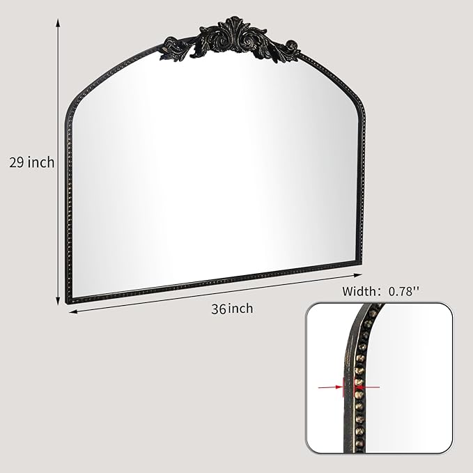 AIXI HOME Vintage Black Arched Mirror 36"X29", Antique Baroque Mantel Wall - Image 3