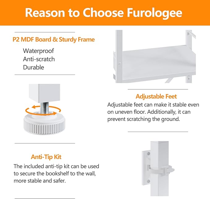 Furologee White Tall Bookshelf, Narrow Bookcase - Image 5
