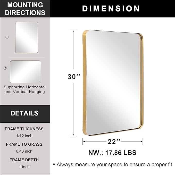 ANDY STAR Gold Bathroom Mirror, Rounded Rectangle Mirror - Image 4