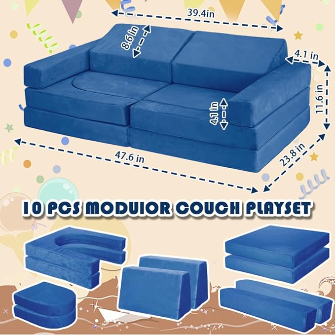 Modular Kids Play Couch Convertible Building Fort Sofa and Cushion 10Pcs Child - Image 3