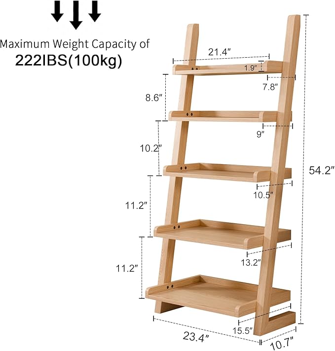 Wooden Ladder Shelf with Edges, 5-Tier Modern Leaning Bookshelf Ladder – - Image 2