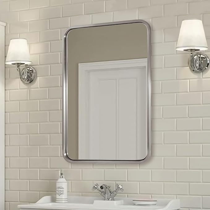 ANDY STAR 28x36 INCH Brushed Nickel Mirror, Rounded Rectangle Brushed Silver - Image 8