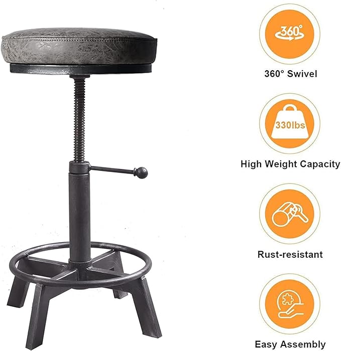 Set of 2 Swivel Pu Seat Bar Stools Industrial Style 17-24inch Height Adjustable - Image 3