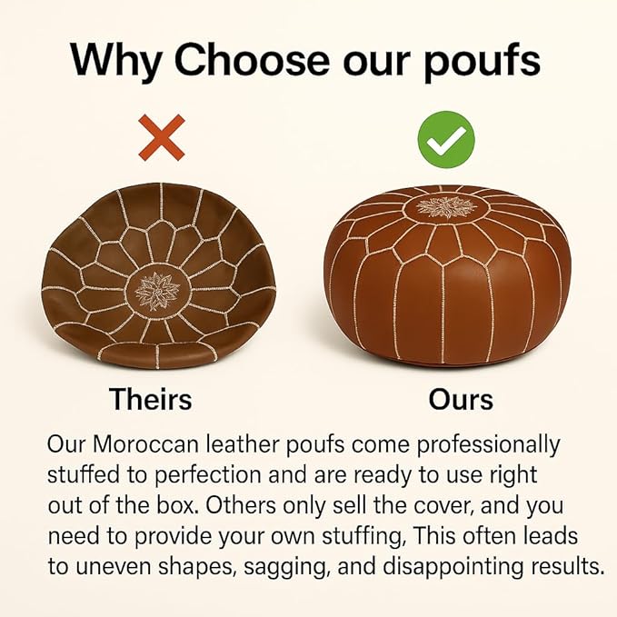Stuffed Round Design Moroccan Leather Pouf Ottoman, Pre-Filled, 100% Genuine - Image 6
