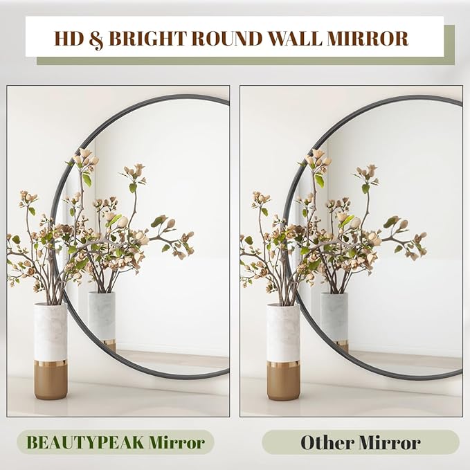 BEAUTYPEAK 32 Inch Round Mirror, Metal Frame Circle Mirror, Wall Mounted - Image 3