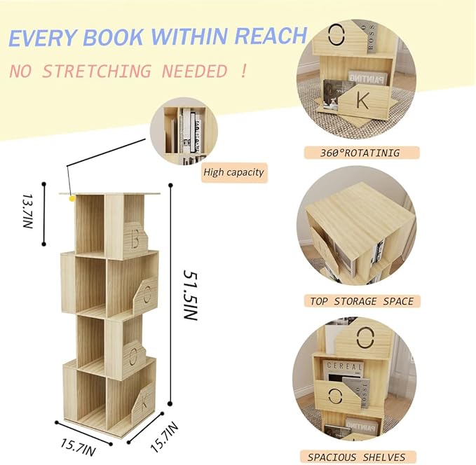 4 Tier Kids Rotating Bookshelf, Premium Pine Wood Space Saving Bookshelf Holds - Image 3
