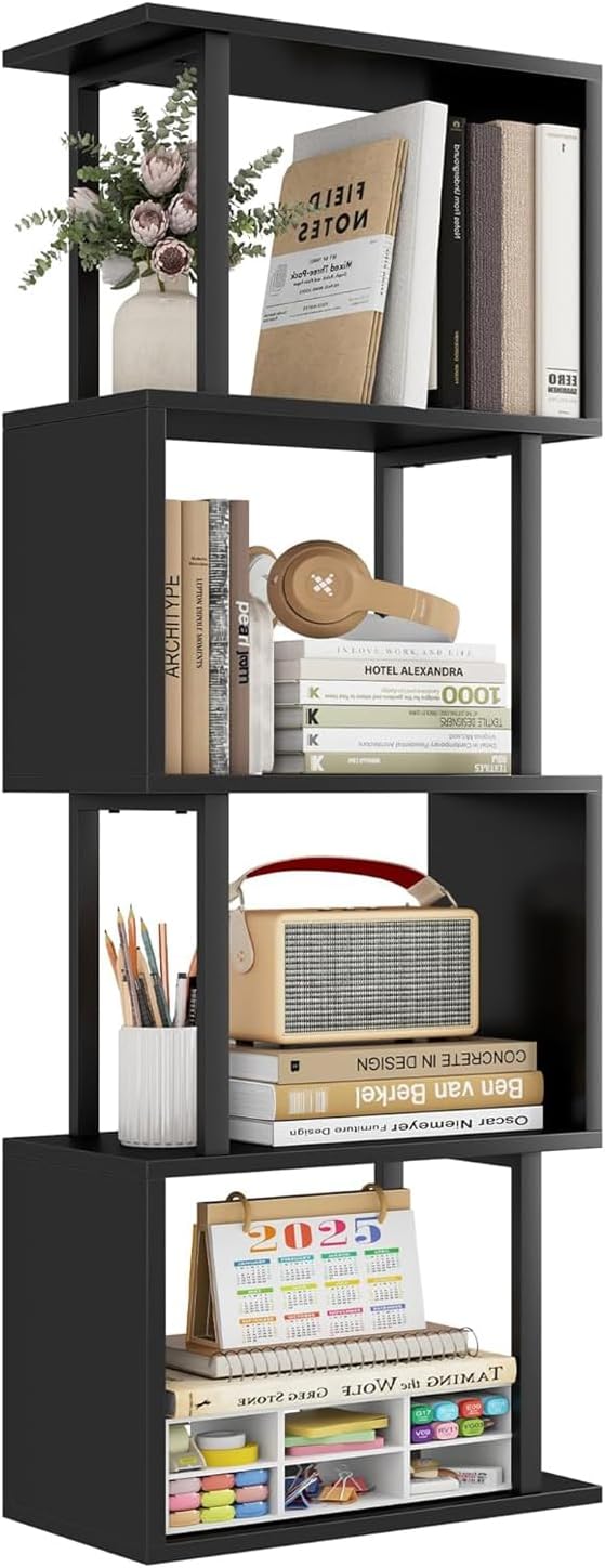Gadroad 4-Tier Bookshelf, Narrow S-Shaped Geometric Bookcase, Wood Decorative by Gadroad