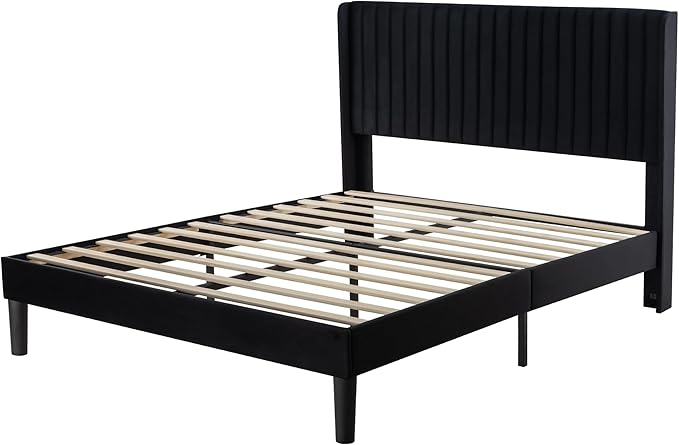 Allewie Queen Size Velvet Bed Frame/Vertical Channel Tufted Wingback - Image 8
